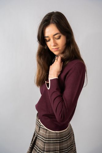 Pull col rond bordeaux et bords écru SEVENTY | Marine