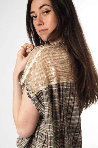 8PM chemise Multicolor femmes (Chemise carreaux + paillettes - BANGKOK chemise carreaux épaul) - Marine | Much more than shoes