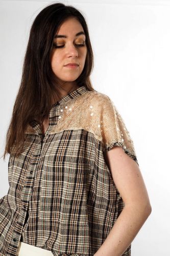 8PM chemise Multicolor femmes (Chemise carreaux + paillettes - BANGKOK chemise carreaux épaul) - Marine | Much more than shoes