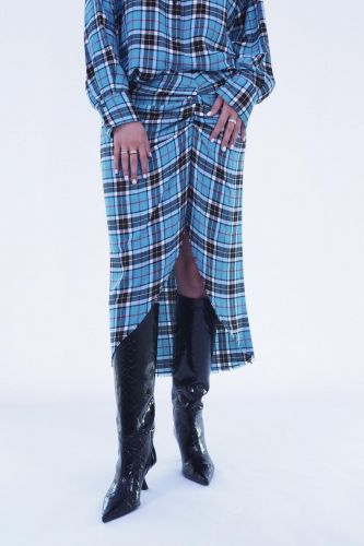 Jupe mi-longue à carreaux turquoise 8PM | Marine