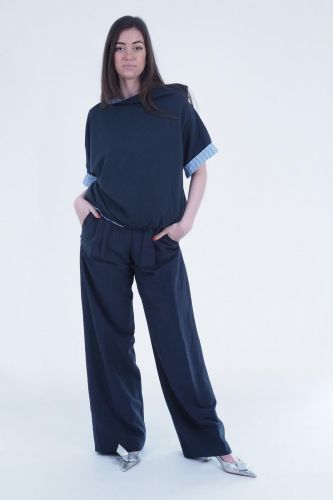 Pantalon palazzo en lin viscose bleu 8PM | Marine