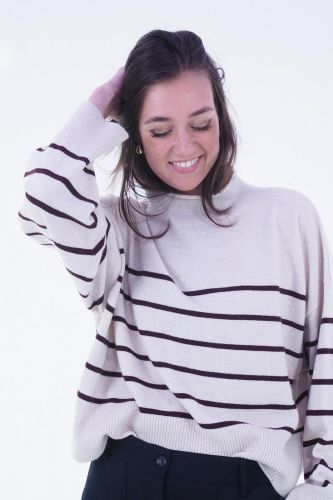 Pull en fine mailles ligné bordeau 8PM | Marine