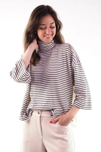 Sweat col roulé ligné et dos satiné 8PM | Marine