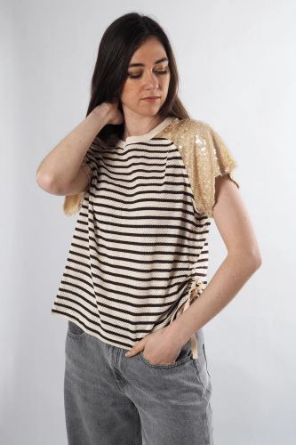 8PM tee-Shirt Beige femmes (Tshirt ligné + sequins épaule - HELSINKI Tshirt ligné + sequin) - Marine | Much more than shoes