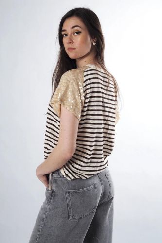 8PM tee-Shirt Beige femmes (Tshirt ligné + sequins épaule - HELSINKI Tshirt ligné + sequin) - Marine | Much more than shoes