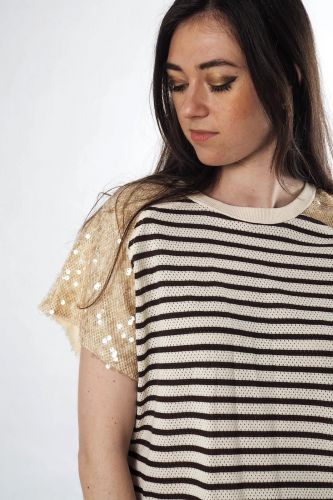 8PM tee-Shirt Beige femmes (Tshirt ligné + sequins épaule - HELSINKI Tshirt ligné + sequin) - Marine | Much more than shoes