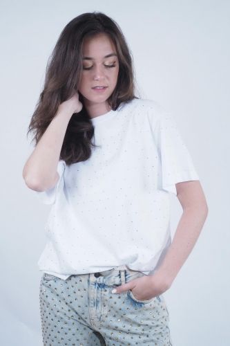 8PM tee-Shirt Blanc femmes (Tshirt strass - INDIANA) - Marine | Much more than shoes