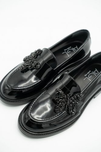 Mocassins en cuir avec papillon et strass AGL | Marine