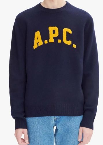 A.P.C. Homme pull Bleu hommes (pull merino logo jaune - JOSHUA navy logo jaune) - Marine | Much more than shoes