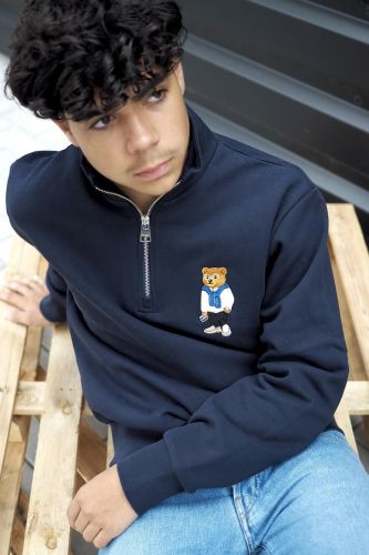 Pull demi zip bleu marine avec imprimé Filou millionnaire BARON FILOU | Marine