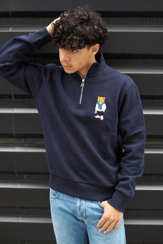 Pull demi zip bleu marine avec imprimé Filou millionnaire BARON FILOU | Marine