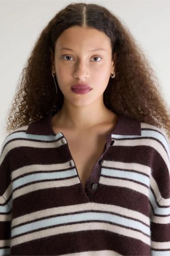 Robe polo oversize en laine à rayures bordeaux, écru et bleu clair BELLEROSE | Marine