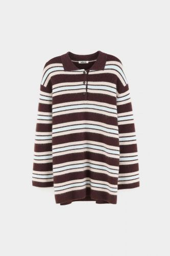Robe polo oversize en laine à rayures bordeaux, écru et bleu clair BELLEROSE | Marine