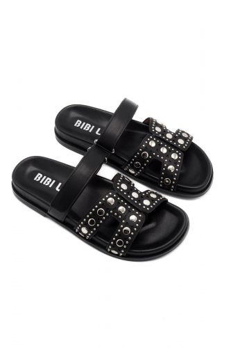 Bibilou mule Noir femmes (Mule double bride velcro clous - 754 mule noir velcro) - Marine | Much more than shoes