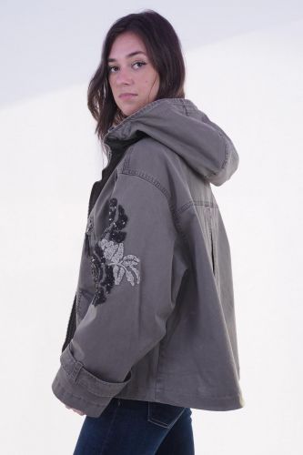 Manteau parka kaki avec fleurs en sequins BLONDE N°8 | Marine