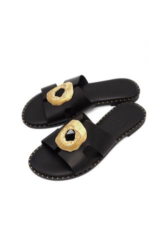 Mule plate noir avec bijoux doré CARYATIS | Marine