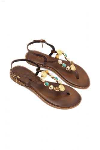 Sandale passe-orteil camel avec boucles ovales ornées de pierres CARYATIS | Marine