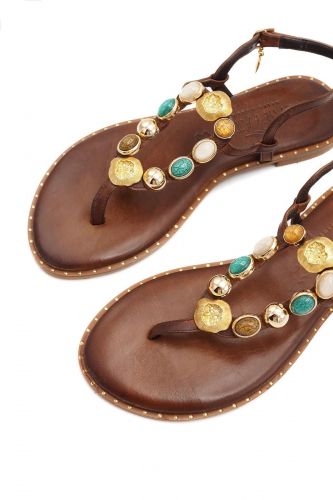 Sandale passe-orteil camel avec boucles ovales ornées de pierres CARYATIS | Marine