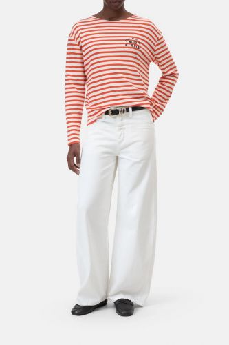 T-shirt à manches longues rayé blanc/ corail rouge CLOSED | Marine