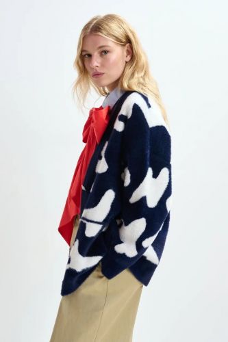 Cardigan bleu marine à imprimé de lettres blanc et boutons en strass ESSENTIEL ANTWERP | Marine