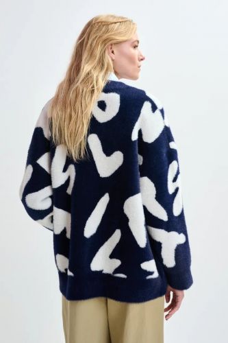 Cardigan bleu marine à imprimé de lettres blanc et boutons en strass ESSENTIEL ANTWERP | Marine