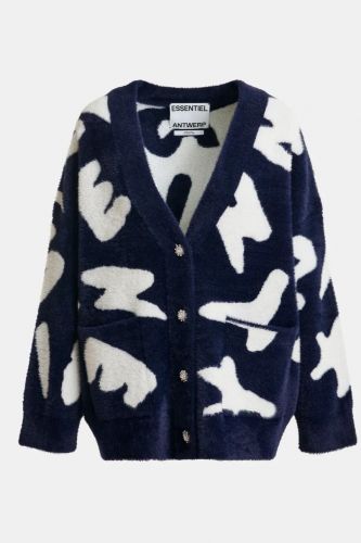 Cardigan bleu marine à imprimé de lettres blanc et boutons en strass ESSENTIEL ANTWERP | Marine
