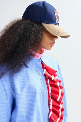 Chemise à fines rayures bleue et blanche avec détail de volant ESSENTIEL ANTWERP | Marine