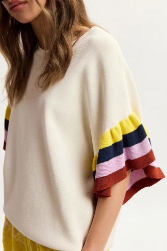 Essentiel Antwerp pull Ecru femmes (Maille écru avec manches rayures multi  - JANUARI manches volant) - Marine | Much more than shoes