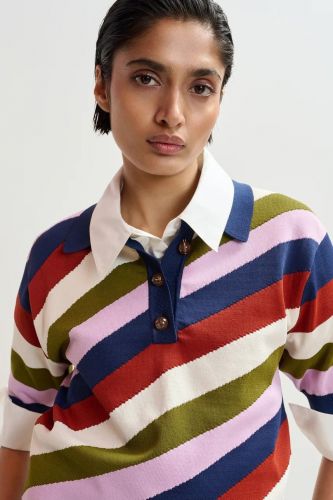 Essentiel Antwerp polo Kaki femmes (Polo rayures multi kaki boutons bijoux - JOLLOW polo rayures) - Marine | Much more than shoes