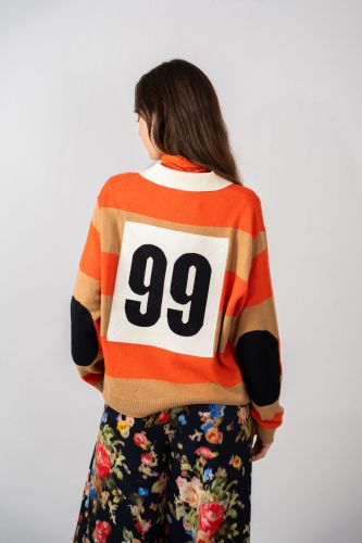 Pull col polo lignés orange et écru ESSENTIEL ANTWERP | Marine