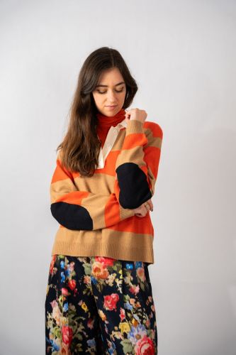 Pull col polo lignés orange et écru ESSENTIEL ANTWERP | Marine