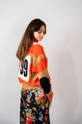 Pull col polo lignés orange et écru ESSENTIEL ANTWERP | Marine