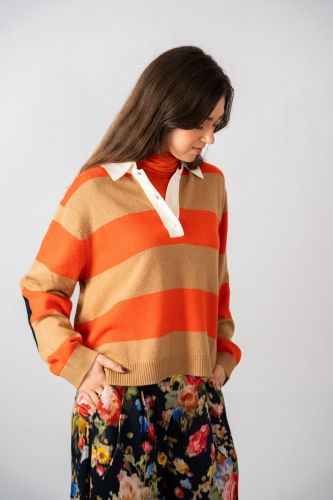 Pull col polo lignés orange et écru ESSENTIEL ANTWERP | Marine