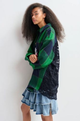 Chemise à carreaux en flanelle verte et bleu marine avec dos en dentelle ESSENTIEL ANTWERP | Marine