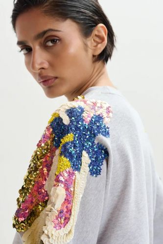 Essentiel Antwerp sweat  Gris femmes (Sweat coton gris chiné sequins multis - JADDA epaules sequins) - Marine | Much more than shoes
