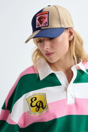  Polo à rayures rose, blanc cassé et vert foncé avec patchs ESSENTIEL ANTWERP | Marine