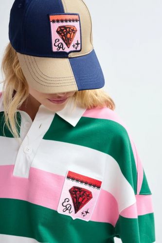  Polo à rayures rose, blanc cassé et vert foncé avec patchs ESSENTIEL ANTWERP | Marine