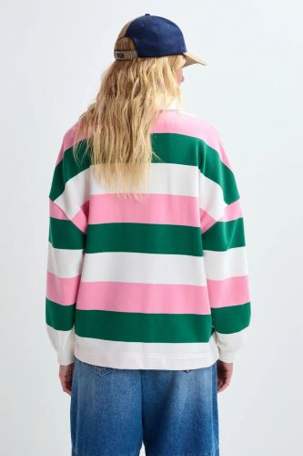  Polo à rayures rose, blanc cassé et vert foncé avec patchs ESSENTIEL ANTWERP | Marine