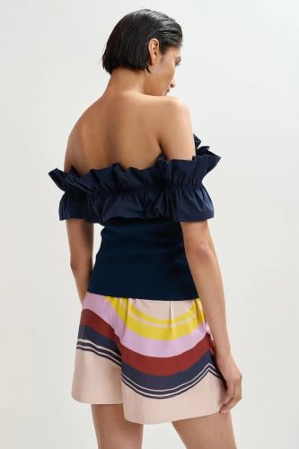 Top à volants et épaules dénudées bleu foncé ESSENTIEL ANTWERP | Marine