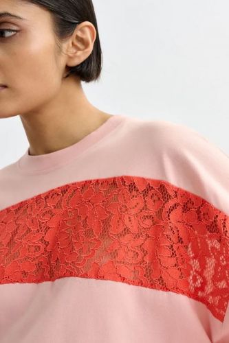 Essentiel Antwerp tee-Shirt Rose femmes (tshirt rose + dentelle orange - JEMIX) - Marine | Much more than shoes