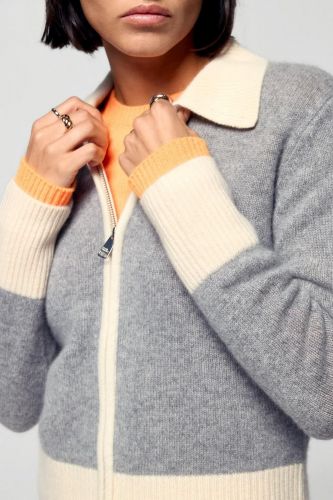 Cardigan court gris à zip bords écru FROM FUTURE | Marine