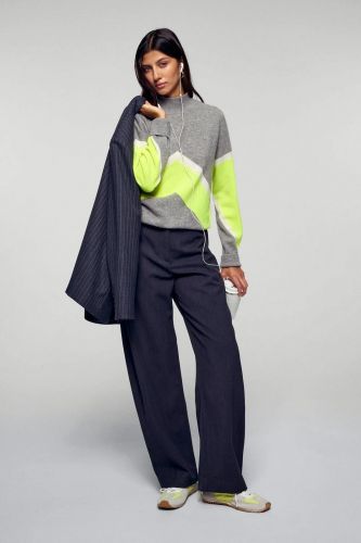 Pull à col montant gris chiné foncé et colorblock jaune FROM FUTURE | Marine