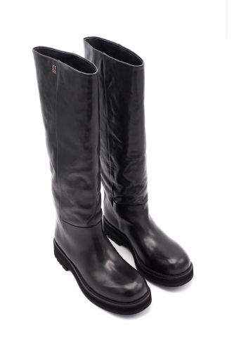 Bottes en cuir noir à talon plat GIO+ | Marine