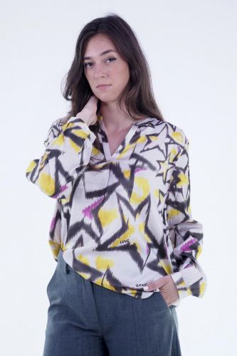 Blouse brune, jaune et fuschia à motifs étoiles GRACE | Marine