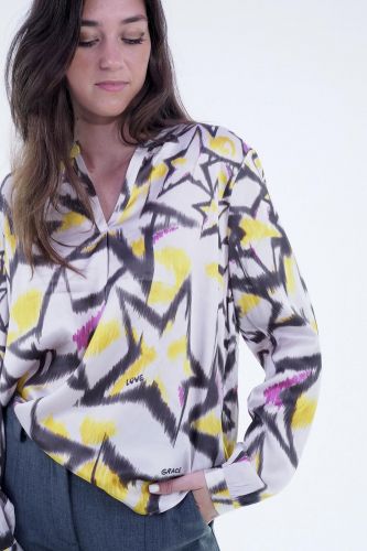 Blouse brune, jaune et fuschia à motifs étoiles GRACE | Marine