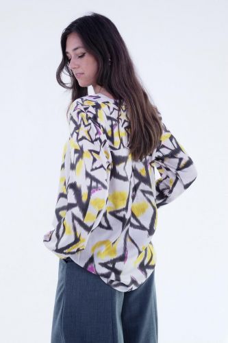 Blouse brune, jaune et fuschia à motifs étoiles GRACE | Marine