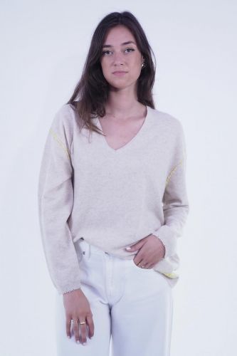 Pull fin beige avec détails de couture jaune GRACE | Marine