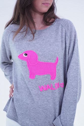 Pull gris avec motif teckel rose GRACE | Marine