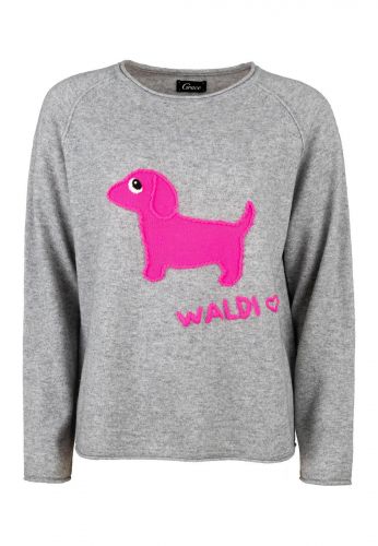 Pull gris avec motif teckel rose GRACE | Marine
