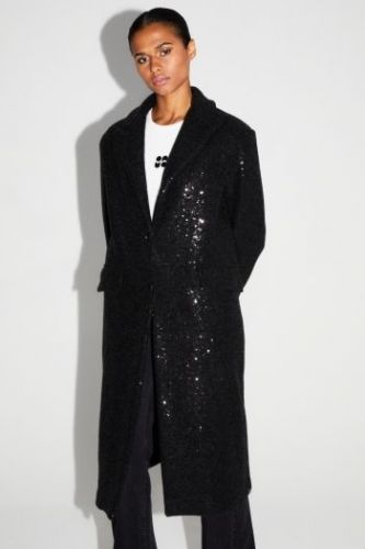 Manteau long noir à paillettes IMPREVU | Marine